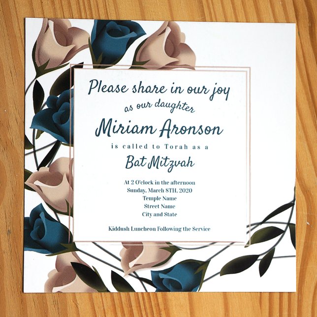 Elegante Teal Beige Rosas Bat Mitzvah Convite (Teal and beige roses botanical bat mitzvah invitation)