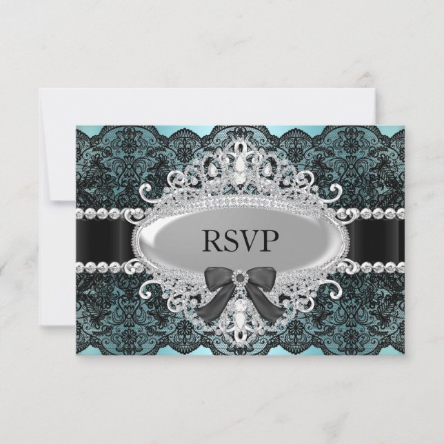 Elegante Teal & Black Diamond Lace RSVP (Frente)