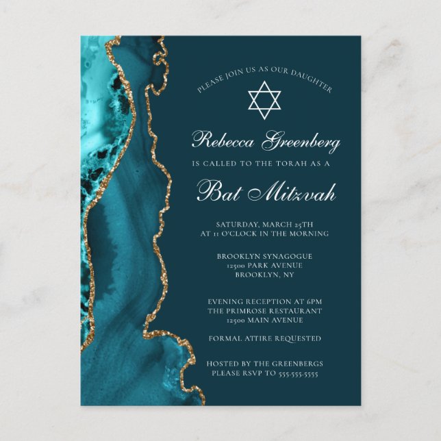 Elegante Teal Dourado Bat Mitzvah Convite de festa (Frente)