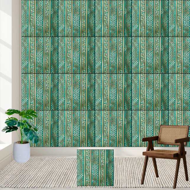 Elegante Teal e Dourado Azulejo de Padrão Grego (Elegant Teal and Gold Greek Key Pattern Tile)
