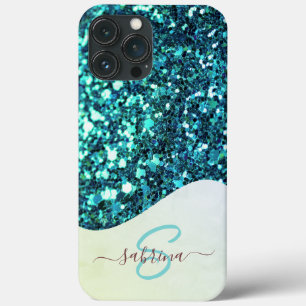 Elegante Teal Green Drip Glitter Nome Monograma