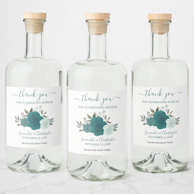 Elegante Teal Watercolor Rosa Casamento Obrigado (Garrafas)
