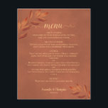 Elegante Terracotta deixa o menu de casamento do o<br><div class="desc">Esses lindos menus de casamento são simples,  elegantes e na moda,  enquanto ainda são amigáveis e baratos. Eles apresentam um design rústico com folhas de cor laranja de ferrugem pintadas manualmente e uma caligrafia de script em um fundo aterrorizado. Perfeito para uma recepção no outono.</div>