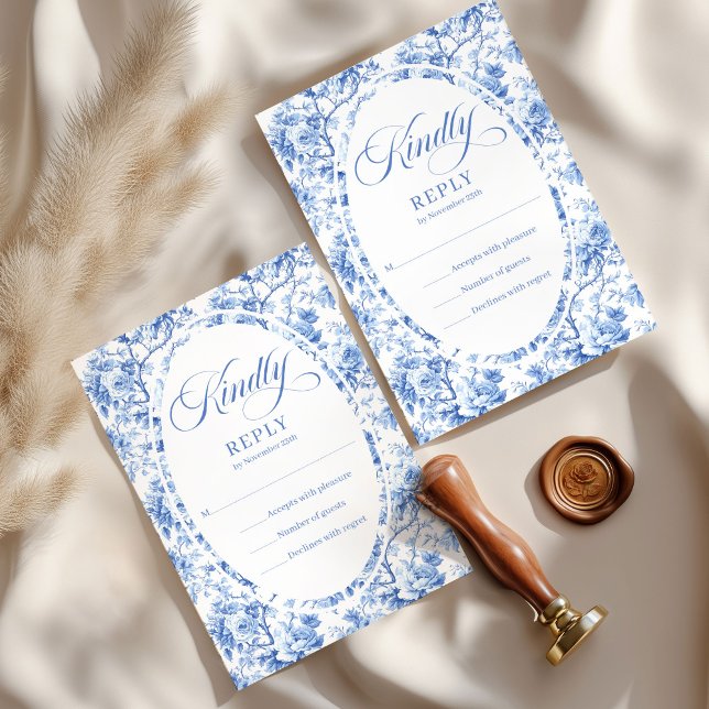 Elegante Toile de Jouy Azul Profundo Rosas RSVP Ca (Elegant Deep Blue Toile Roses Custom Wedding RSVP

)