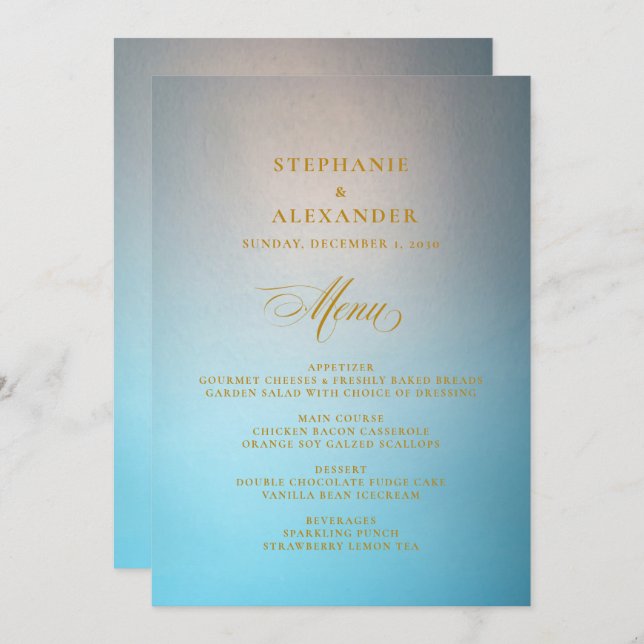Elegante Turquesa Dourado Menu Casamento de Script (Frente/Verso)