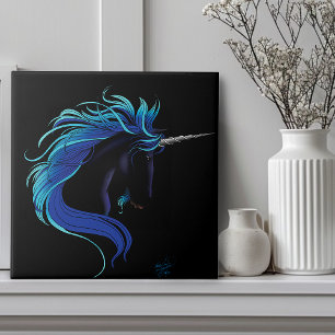 Elegante Unicórnio Preto Azul Prata Fantasia Mágic