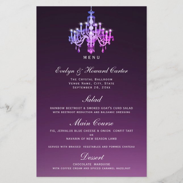 Elegante Venetian Chandelier | Cartão Menu (Frente)