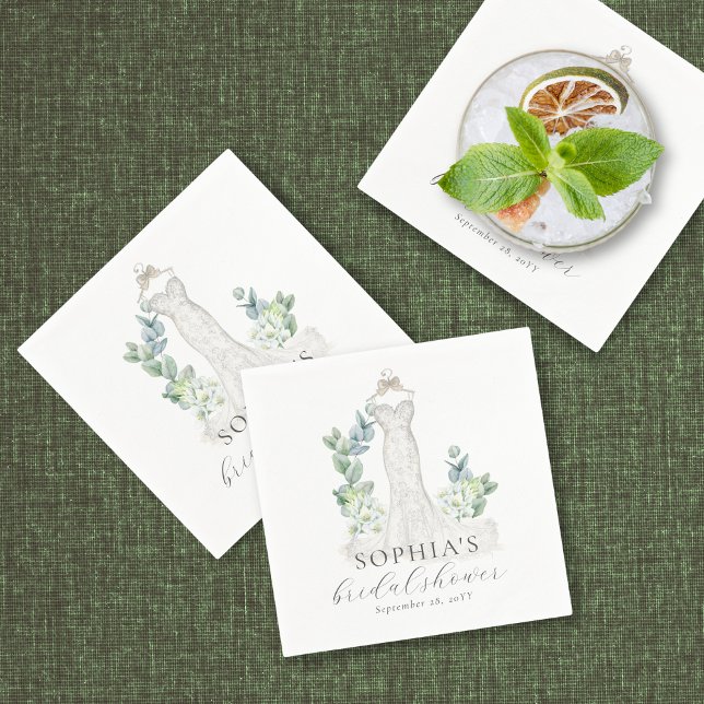 Elegante Verde Boho Script Guardanapo de Papel (These elegant bridal shower napkins feature an exquisite drawing of a wedding gown)