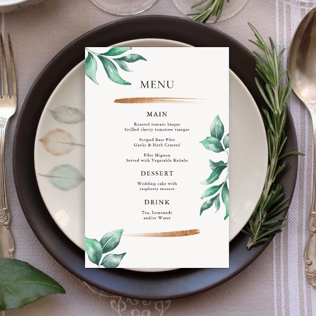 Elegante Verde e Dourado Menu de Casamento Minimal (Criador carregado)