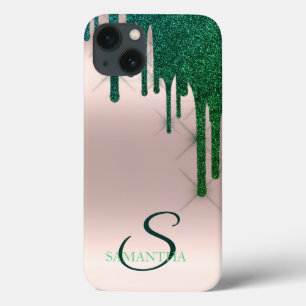 Elegante Verde Glitter Drips Rose Gold