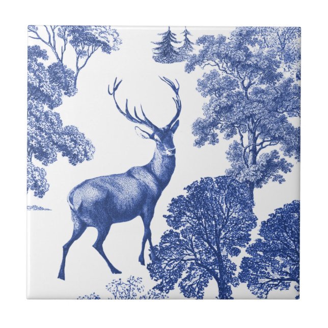 Elegante Vintage Blue Toile Deer in Woods (Frente)
