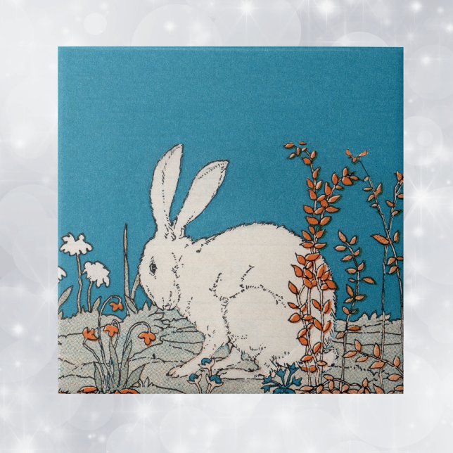 Elegante Vintage Coelho Branco (Fluffy white bunny sitiing in orange and white flowers on blue decorative ceramic tile.)