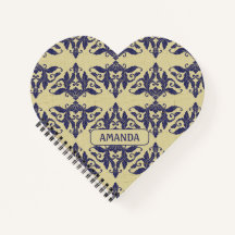 Elegante vintage damask marinho Monograma amarelo 