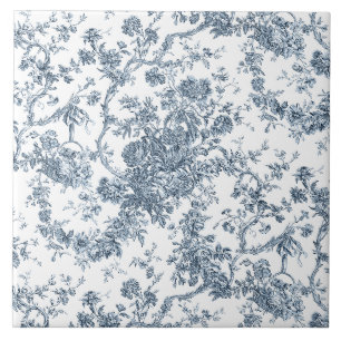 Elegante Vintage Francês Gravado Floral Toile-Blu