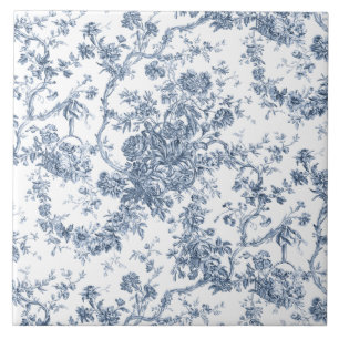 Elegante Vintage Francês Gravado Floral Toile-Blu