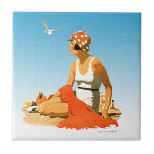 Elegante Vintage Graphic da Mulher na Praia