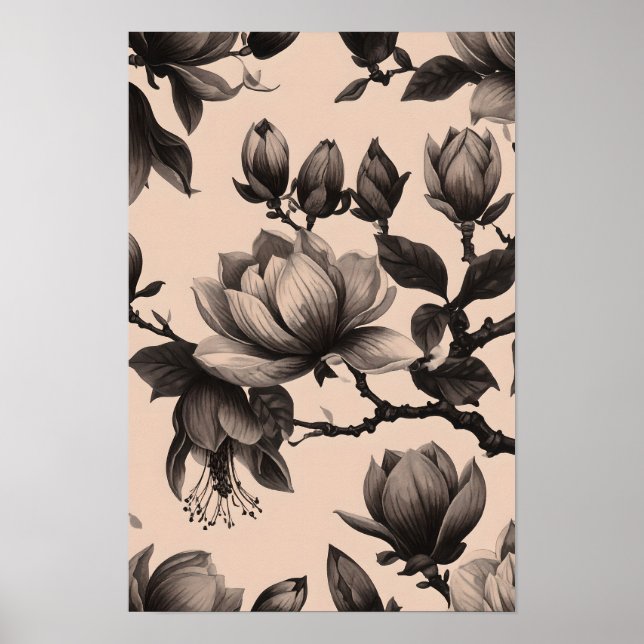 Elegante Vintage Monocromo Magnolia Poster (Frente)