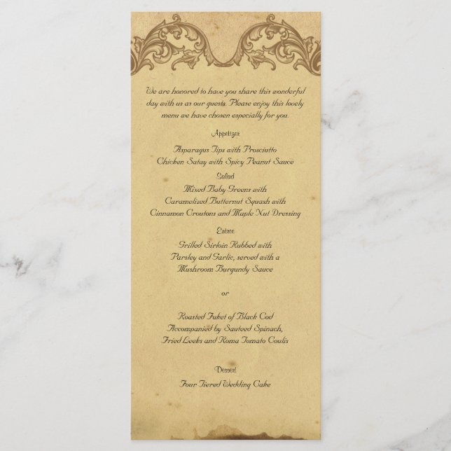 Elegante Vintage Peacock Menu Wedh (Frente)