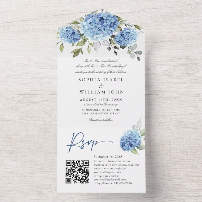 Elegante Watercolor Blue Hydrangea Código QR Casam (Interno)