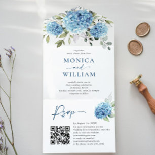 Elegante Watercolor Blue Hydrangea Código QR Casam