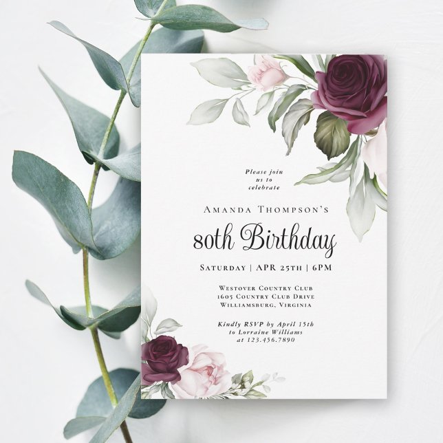 Elegante Watercolor Botanical 80 Birthday Convite (Order this elegant birthday invitation as printed or digital download version. )