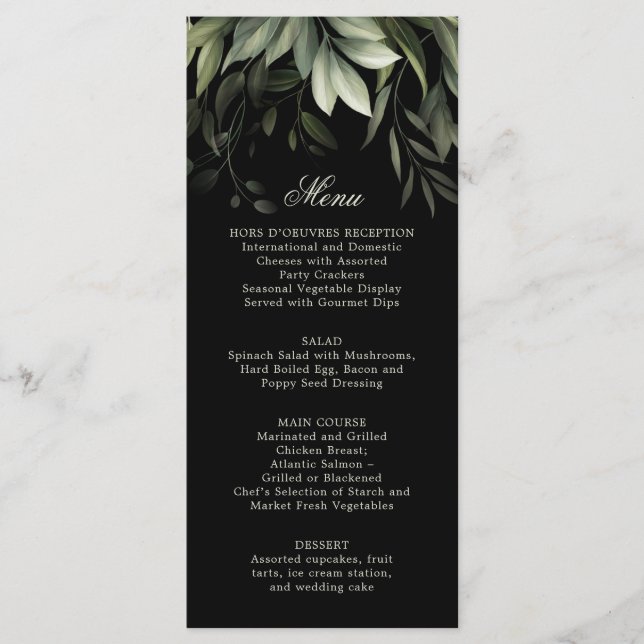 Elegante Watercolor Greenery Menu a Preto (Frente)