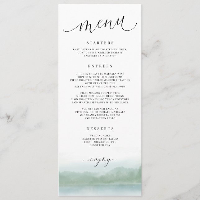 Elegante Watercolor Lake & Trees Menu de Casamento (Frente)