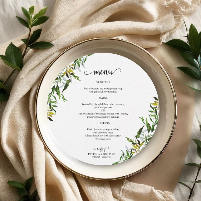 Elegante Watercolor Menu redondo Casamento Verde (Criador carregado)