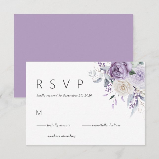 Elegante Watercolor Purple Floral Weding RSVP (Frente/Verso)