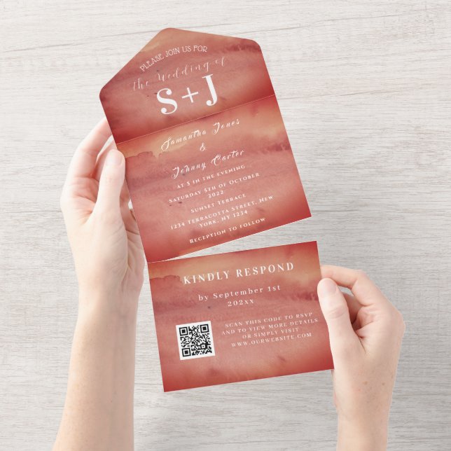 Elegante Watercolor Terracotta QR Code Weding RSVP (Aba destacável)