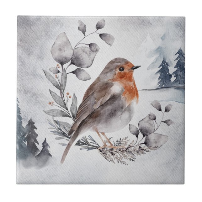 Elegante Watercolor Winter American Robin (Frente)