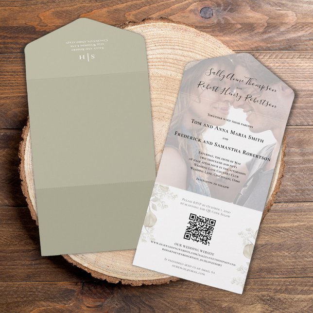 Elegante Wedding Photo Sage Greenery (Elegant wedding all-in-one invitation with botanical greenery. )