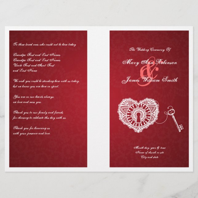 Elegante Wedding Program Key To My Heart Red (Frente)