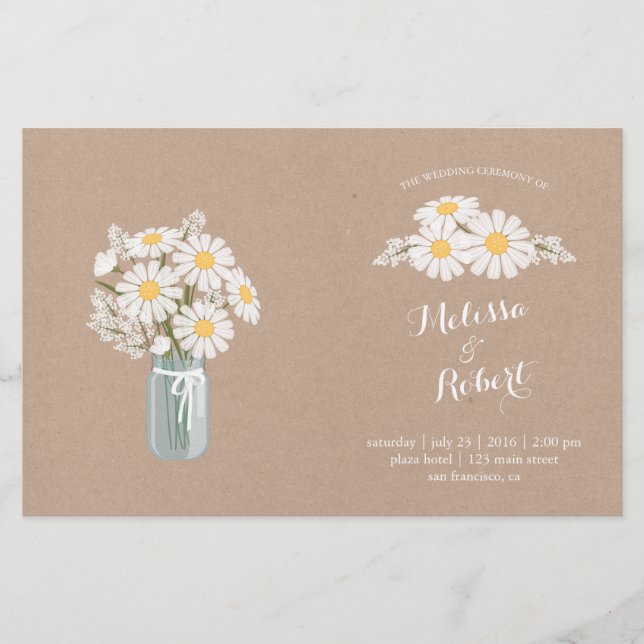 Elegante White Daisies Mason Jar Wedding Program (Frente)