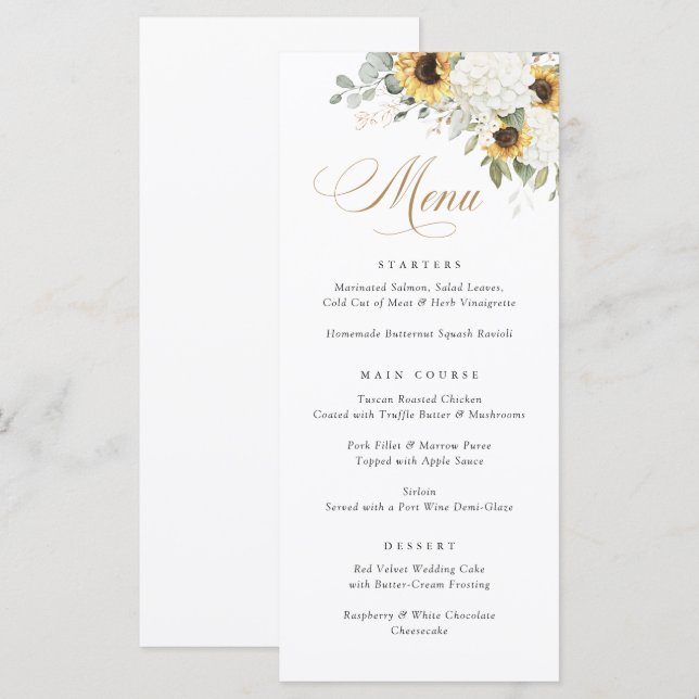 Elegante White Hydrangea Sunflower Menu Casamento (Frente/Verso)