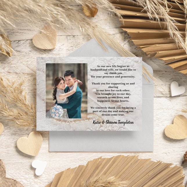 Elegante White Lace Casamento Foto Muito Obrigado (Elegant wedding thank you mailing with perfect wording.)