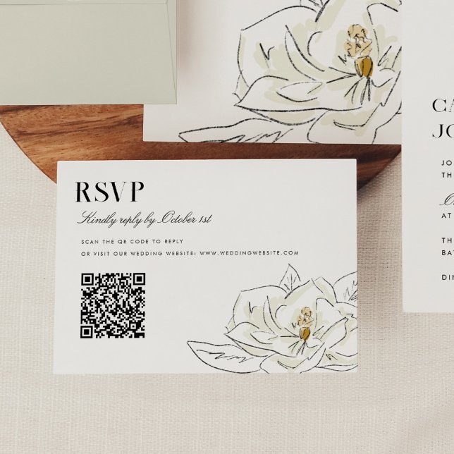 Elegante White Magnolia Weding QR Code RSVP (Elegant Southern-inspired white magnolia illustration wedding RSVP QR code cards.)
