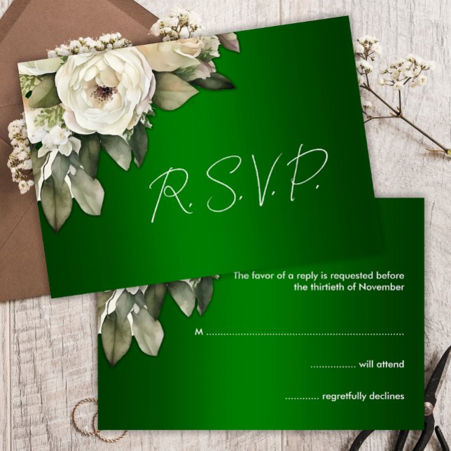 Elegante White Roses e Emerald Green RSVP (Criador carregado)
