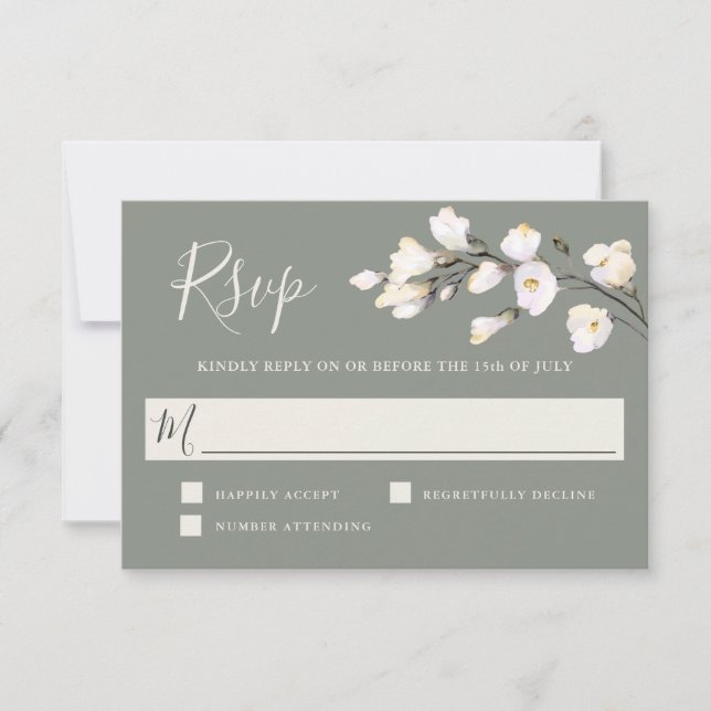 Elegante White Watercolor Floral Sage Green RSVP (Frente)