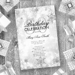 Elegante Winter 50th Birthday Program Silver Menu<br><div class="desc">Design de "Programa de Festa de aniversário" elegante com flocos de neve brilhantes de inverno e luzes em Prata com texto personalizado.</div>