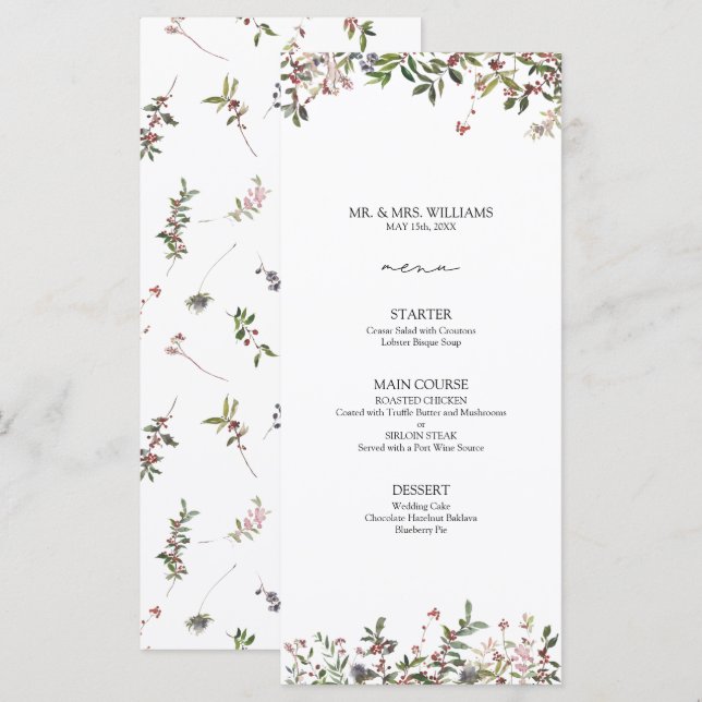 Elegante Winter Wildflower Berry Wedry Menu (Frente/Verso)