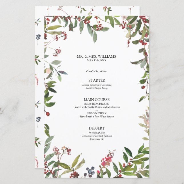 Elegante Winter Wildflower Berry Wedry Menu (Frente/Verso)
