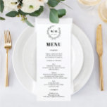 Elegante Wreath Monogramas Menu Casamento<br><div class="desc">Este design clássico e elegante apresenta uma coroa botânica impressionante com monograma e fontes limpas mínimas. Edite facilmente as cores da fonte e a crista clicando no botão Editar Ferramenta de Design. Veja a coleção inteira para mais itens correspondentes!</div>