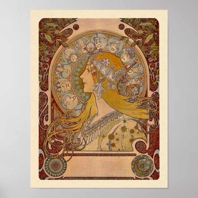 Elegante Zodiac por Alphonse Mucha Impressão (Frente)