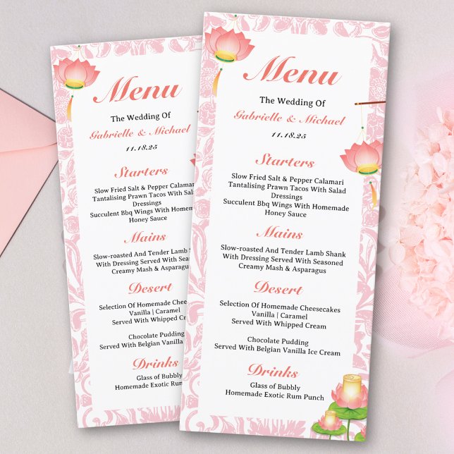 Elegantes Lanternas Rosa de Lótus Menu de Casament (Criador carregado)