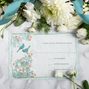 Elegantes Pássaros de Coral Turquesa Damask RSVP d