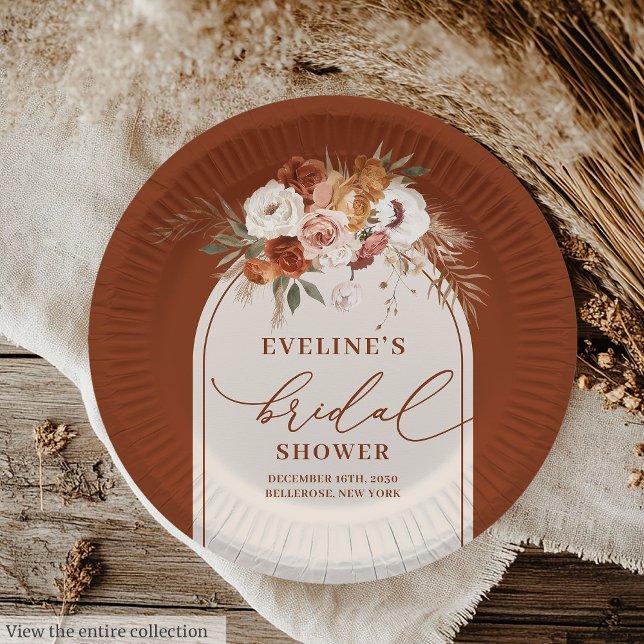 Elegantes pratos de papel boho de pampas em terrac (Elegant terracotta pampas boho bridal paper plates

)