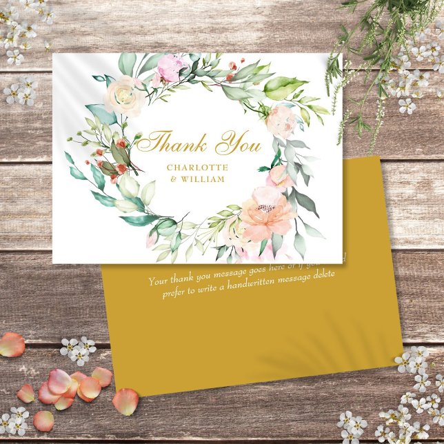 Elegantes Rosas de Agradecimento em Script Dourado (Elegant Gold Script Thank You Roses Floral Garland)
