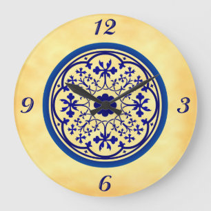 Elemento azul gótico no relógio de parede do per