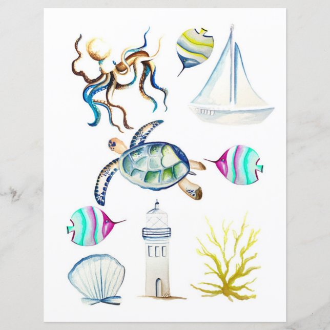 Elementos de oceano em aquarela para recortar e co (Frente)